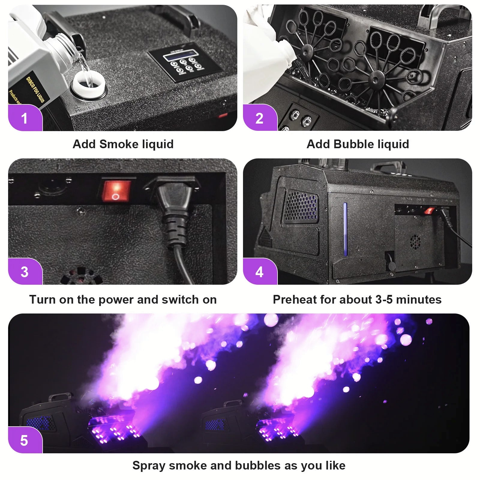 1500W LED Fog Bubble Machine - 2-in-1 Smoke Bubble Maker with 8 RGB Lights, DMX & Remote Control for Wedding First Dance, DJ & Kids Party