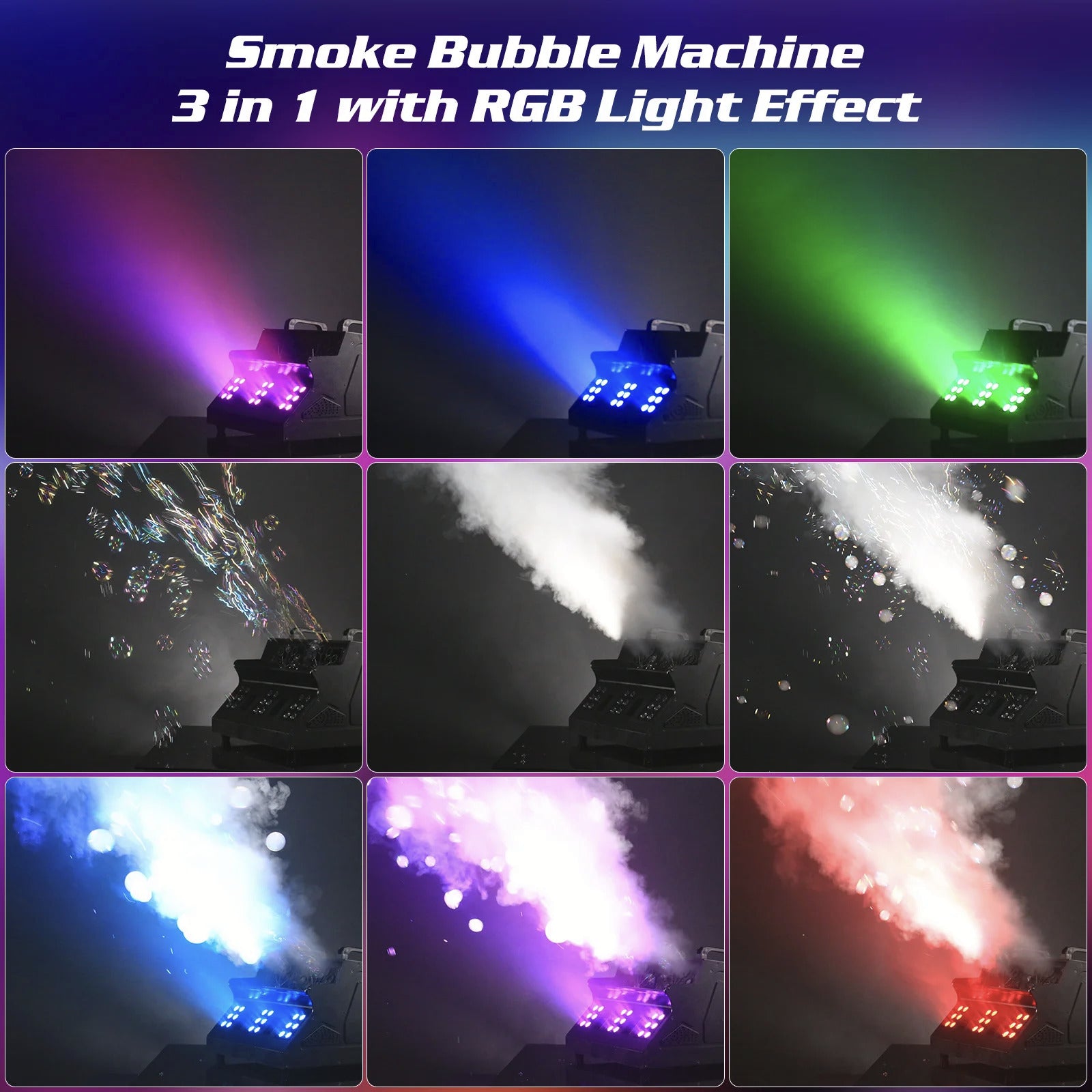 1500W LED Fog Bubble Machine - 2-in-1 Smoke Bubble Maker with 8 RGB Lights, DMX & Remote Control for Wedding First Dance, DJ & Kids Party