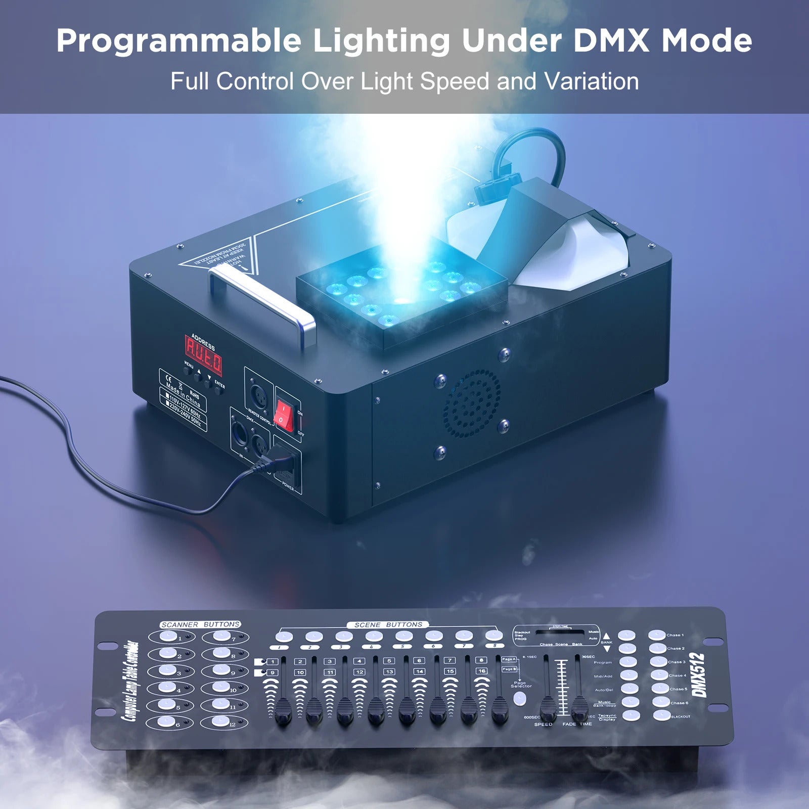 1500W Vertical Fog Machine with 24 RGB LEDs - Upward Spray Smoke Machine with DMX & Wireless Remote for DJ, Stage, Wedding & Party