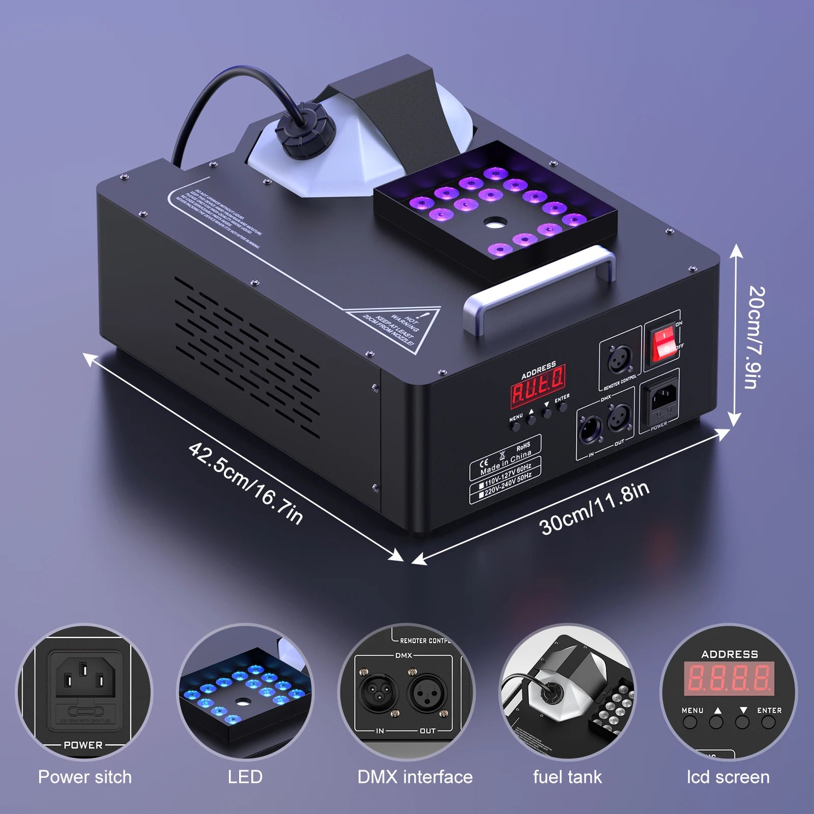 1500W Vertical Fog Machine with 24 RGB LEDs - Upward Spray Smoke Machine with DMX & Wireless Remote for DJ, Stage, Wedding & Party