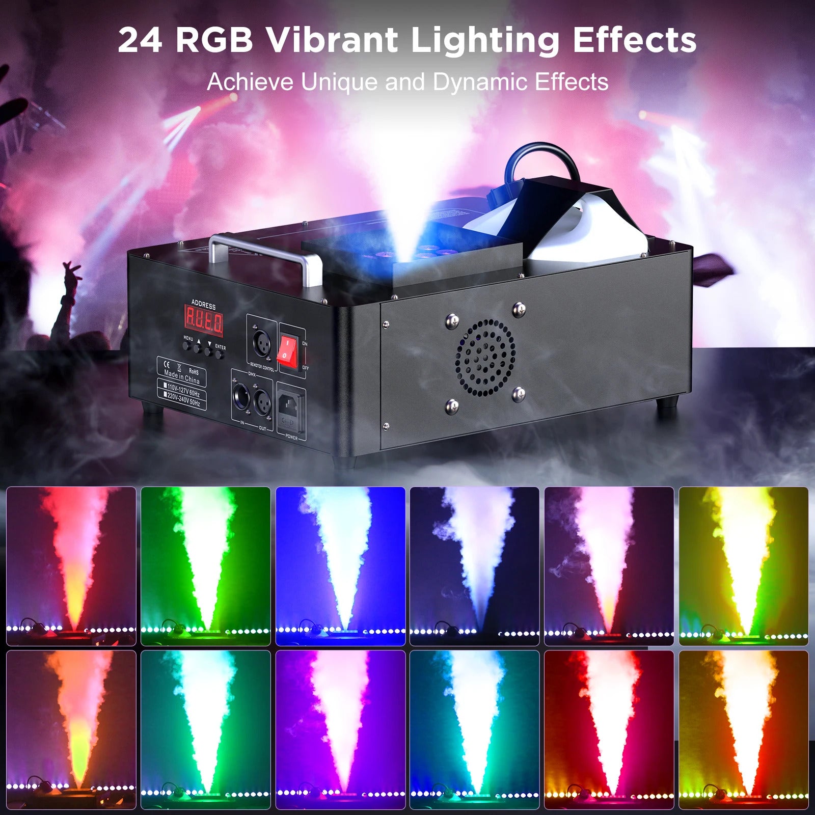 1500W Vertical Fog Machine with 24 RGB LEDs - Upward Spray Smoke Machine with DMX & Wireless Remote for DJ, Stage, Wedding & Party