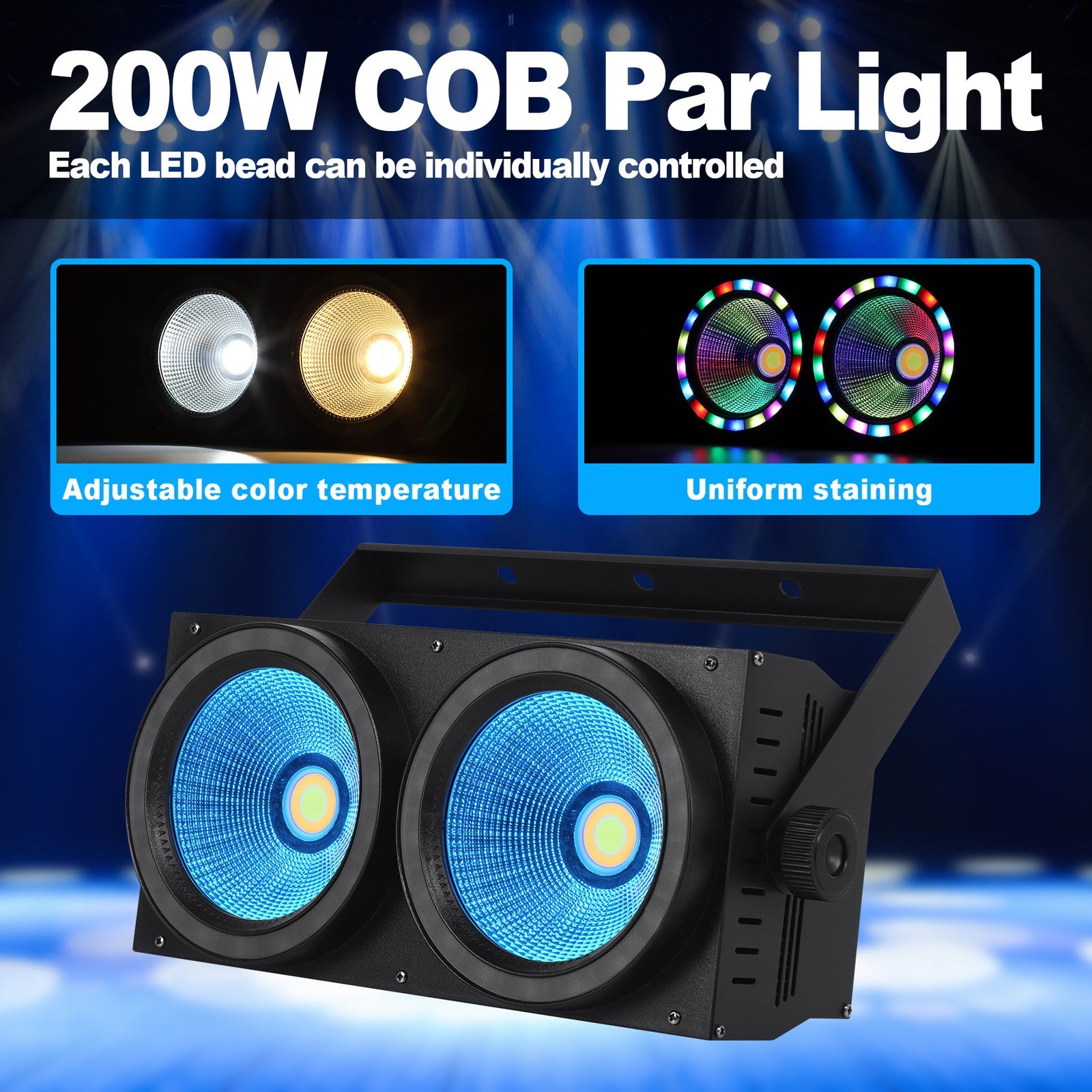 200W 2-Lite COB Audience Blinder with RGB Halo Ring - Dual-Zone LED Wash Stage Light & Eye-Candy FX for Mobile DJ, Party & Club