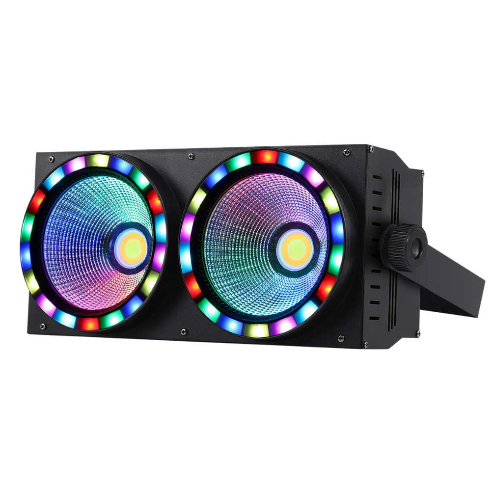 200W 2-Lite COB Audience Blinder with RGB Halo Ring - Dual-Zone LED Wash Stage Light & Eye-Candy FX for Mobile DJ, Party & Club