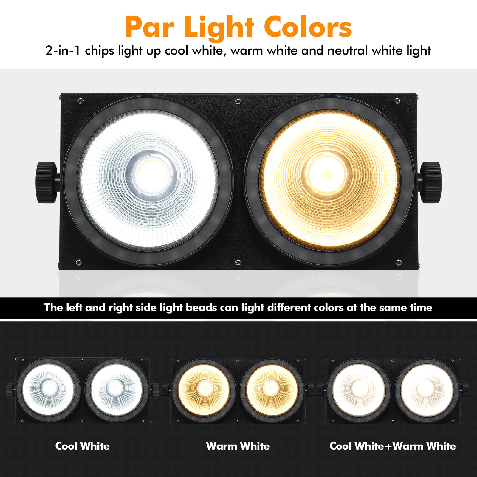 200W 2-Lite COB Audience Blinder with RGB Halo Ring - Dual-Zone LED Wash Stage Light & Eye-Candy FX for Mobile DJ, Party & Club