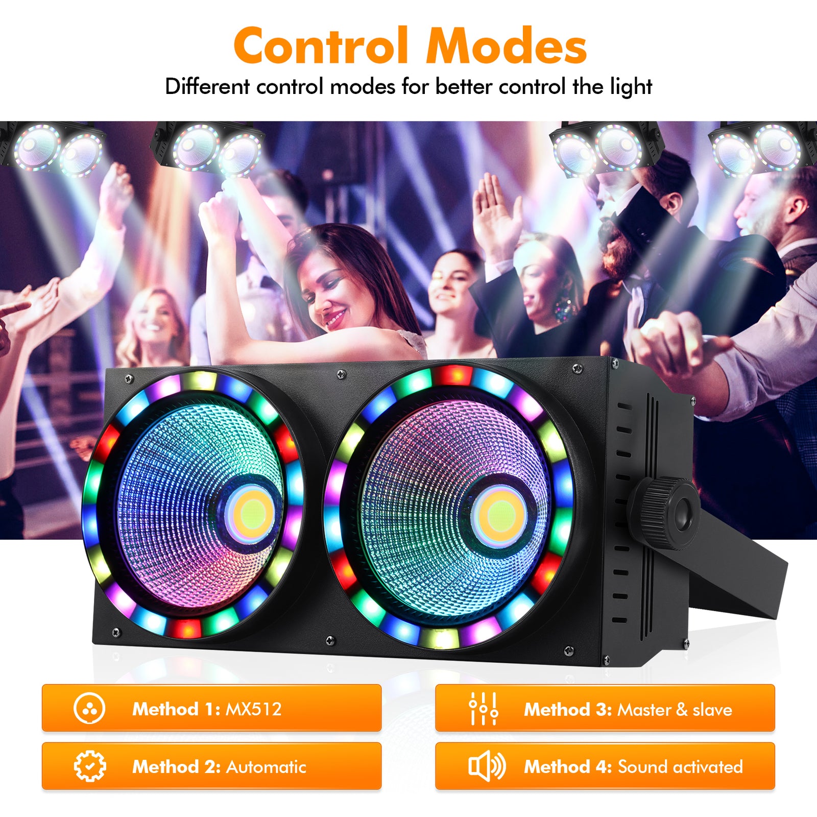 200W 2-Lite COB Audience Blinder with RGB Halo Ring - Dual-Zone LED Wash Stage Light & Eye-Candy FX for Mobile DJ, Party & Club