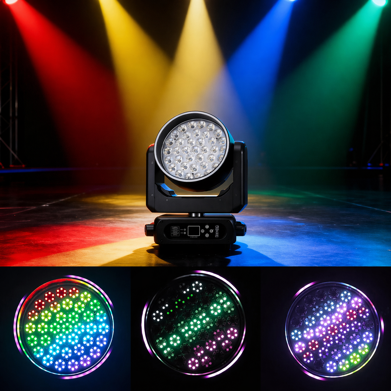 37x15W LED Zoom Wash Moving Head Light - Pro RGBW 4-in-1 Stage Fixture with High CRI (Ra90) & Motorized Zoom for Church, Theater & Broadcast