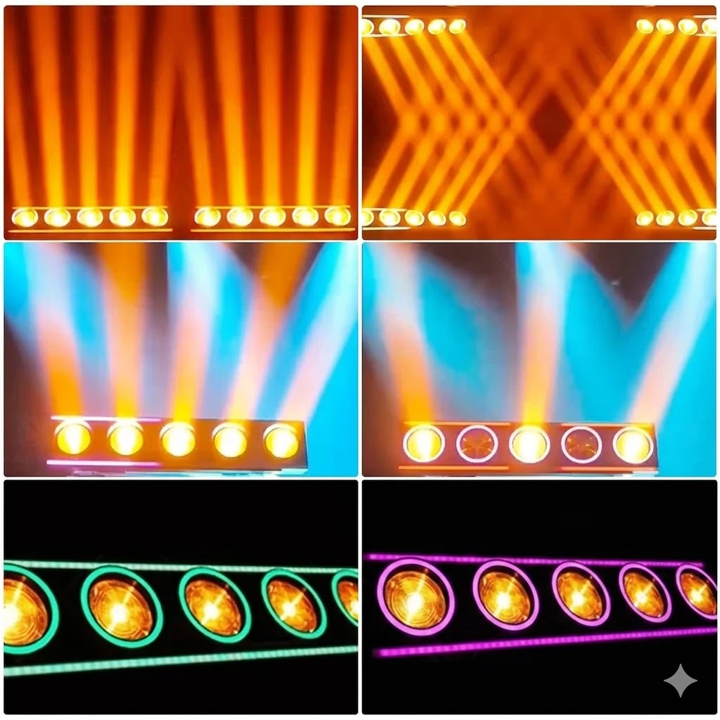 5x60W Retro LED Matrix Bar - Tungsten Golden Beam Blinder with RGB Halo Rings & Pixel Wash Strip for DJ, TV Stage & Concerts