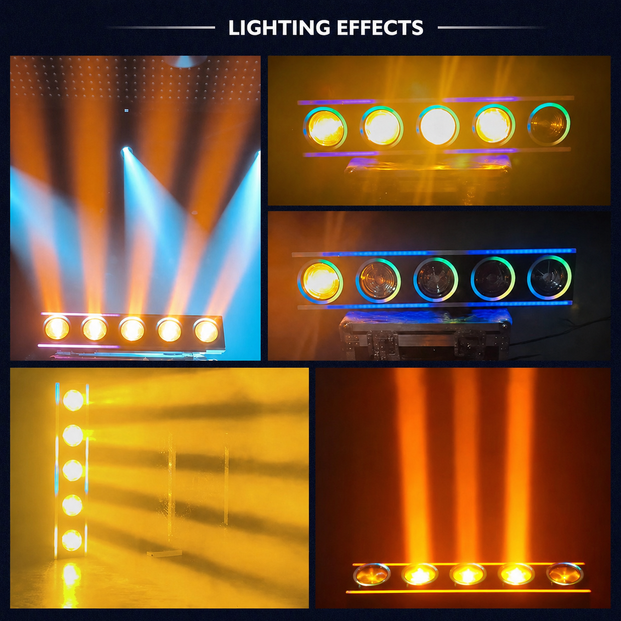 5x60W Retro LED Matrix Bar - Tungsten Golden Beam Blinder with RGB Halo Rings & Pixel Wash Strip for DJ, TV Stage & Concerts