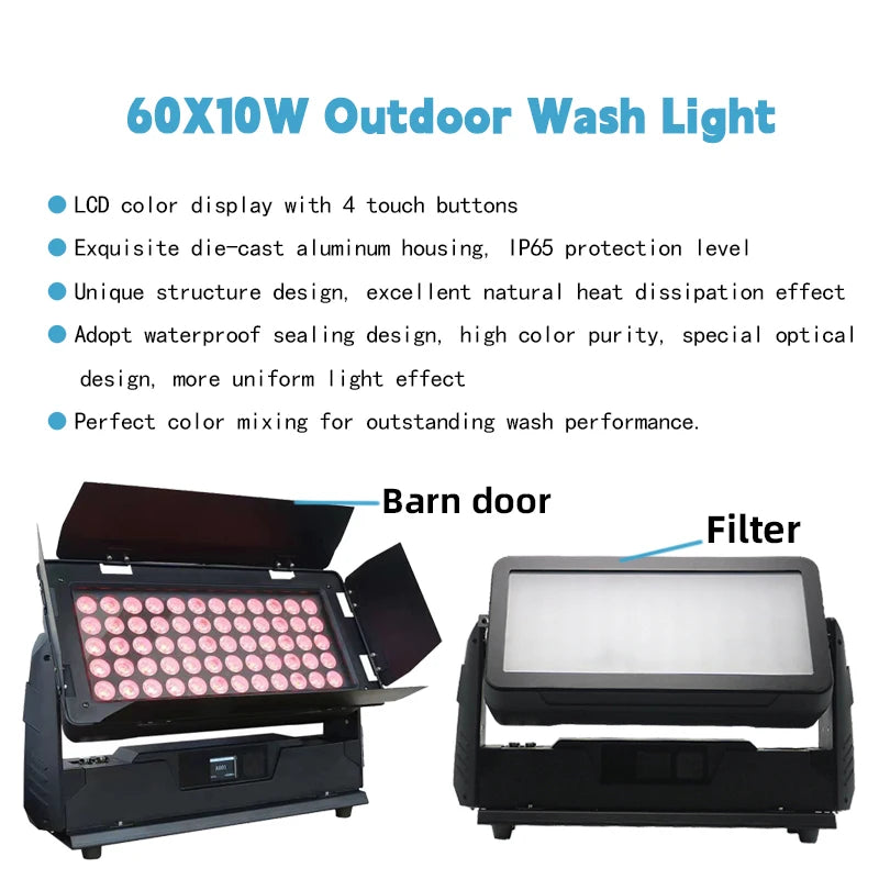 600W Outdoor Architectural LED Wash Light with Barndoors - IP65 Waterproof 60x10W RGBW Flood Fixture for Building Facades, Parks & Events