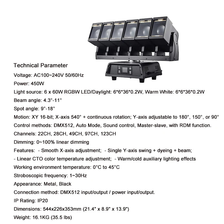 6x60W Motorized Wave Bar Moving Head - RGBW Pixel Zoom Batten with Independent Head Tilt, Linear CTO & LED Strobe Strips for Pro Stage