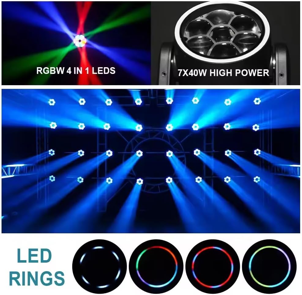 7x40W LED Wash Moving Head Light - Compact Pro RGBW 4-in-1 Stage Fixture with 32-Bit Smooth Dimming & Strobe for Mobile DJ, Club & Party