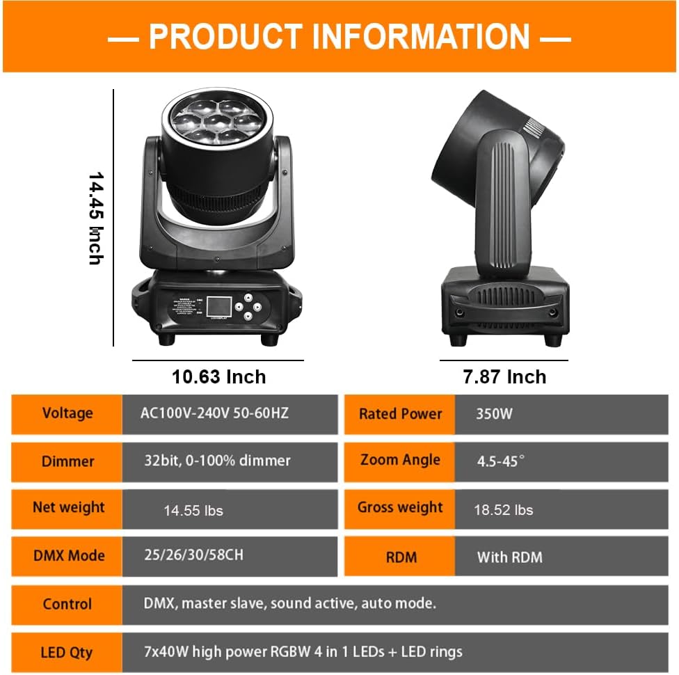 7x40W LED Wash Moving Head Light - Compact Pro RGBW 4-in-1 Stage Fixture with 32-Bit Smooth Dimming & Strobe for Mobile DJ, Club & Party
