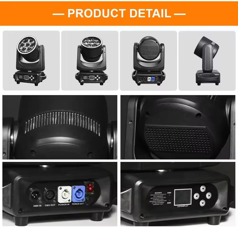 7x40W LED Wash Moving Head Light - Compact Pro RGBW 4-in-1 Stage Fixture with 32-Bit Smooth Dimming & Strobe for Mobile DJ, Club & Party