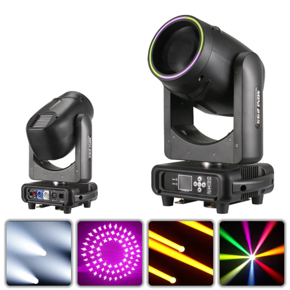 Mini 295W 14R Beam Moving Head Light with LED Halo Ring - Compact DJ Stage Fixture with Double Prism & Gobos for Club, Party & Wedding Events