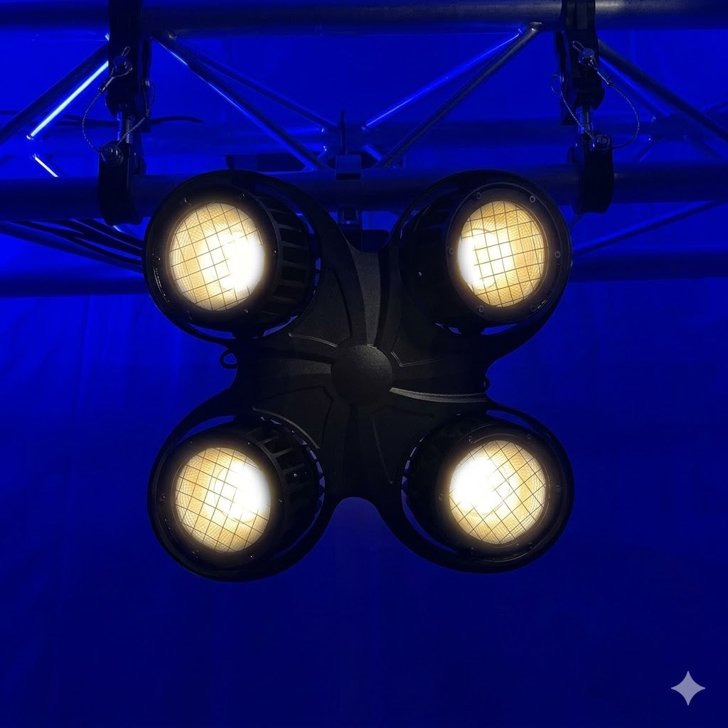 Motorized 4-Lite LED Audience Blinder - Moving Head COB Stage Light with Individual Cell Control & Pan/Tilt for Concerts & Festivals