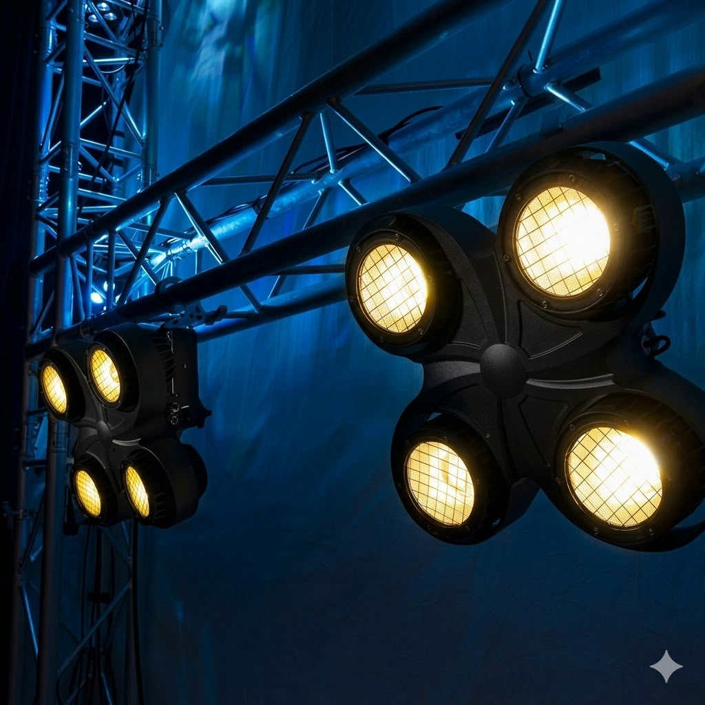 Motorized 4-Lite LED Audience Blinder - Moving Head COB Stage Light with Individual Cell Control & Pan/Tilt for Concerts & Festivals
