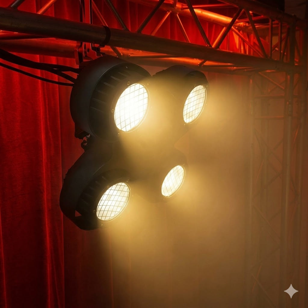Motorized 4-Lite LED Audience Blinder - Moving Head COB Stage Light with Individual Cell Control & Pan/Tilt for Concerts & Festivals