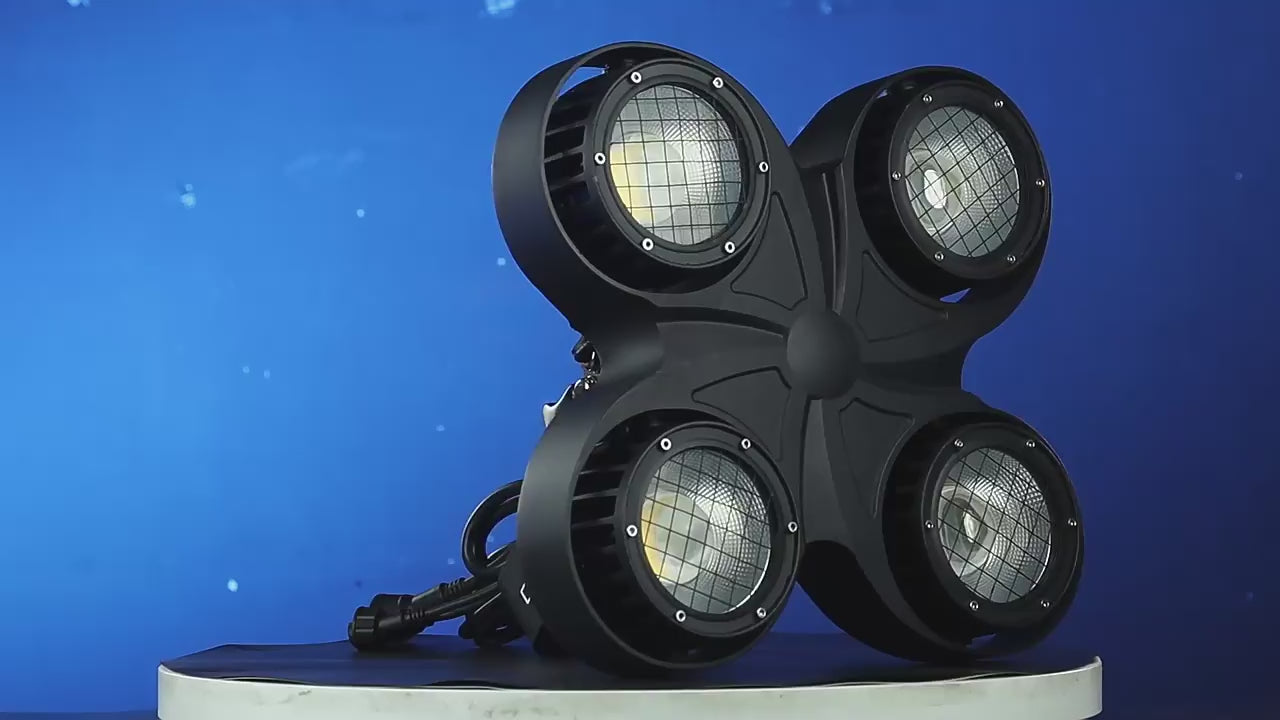 Motorized 4-Lite LED Audience Blinder - Moving Head COB Stage Light with Individual Cell Control & Pan/Tilt for Concerts & Festivals